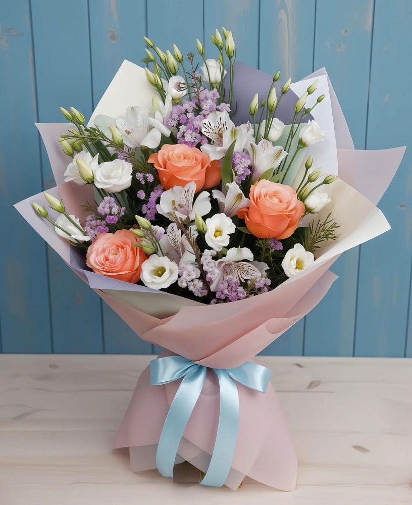 Букет цветов из: Лизиантусы, Розы, Альстромерии и Гипсофила в Велижи